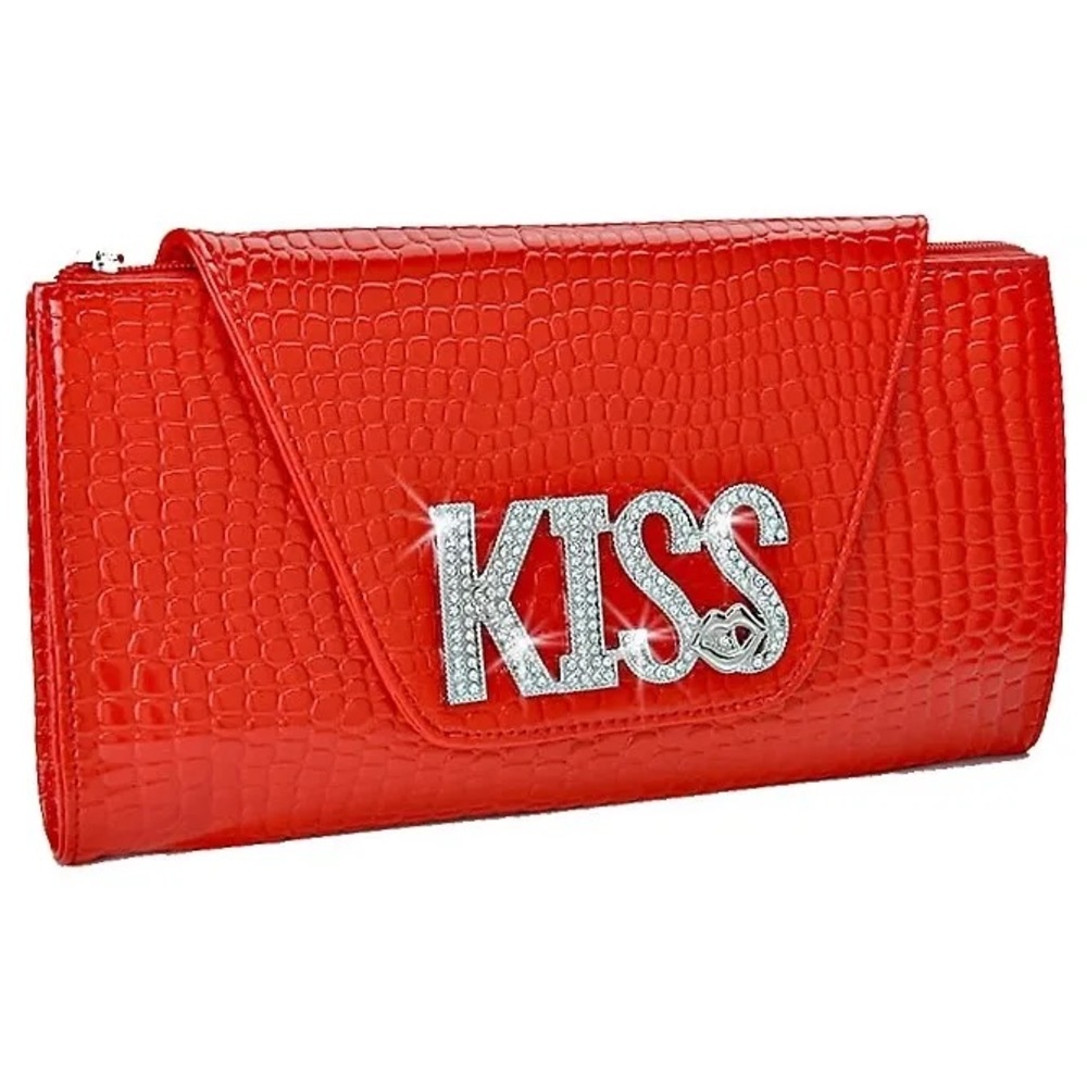 Ruby RED Snake Skin KISS Silver Pave Crystal Lips Evening handbag Clutch ladies